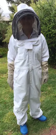 Beekeeper in a full-body white bee suit