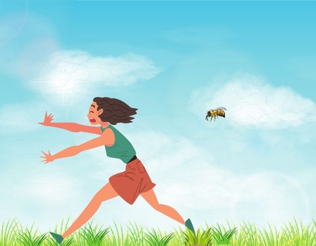 Cartoon picture of a bee following a woman